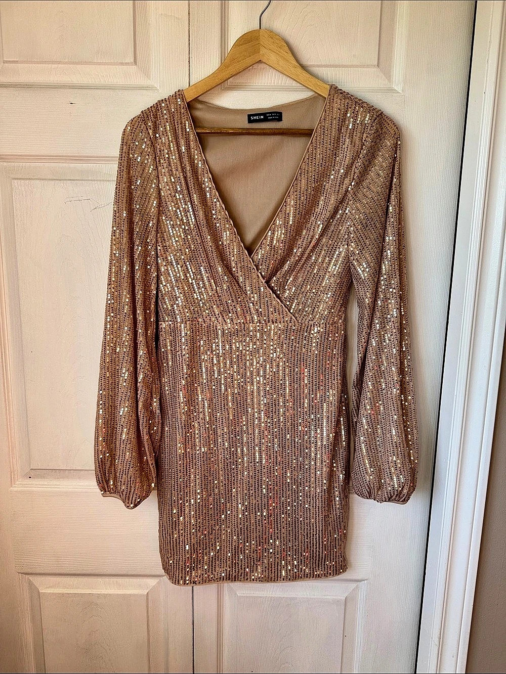 SHEIN Sequin Wrap Mini Dress in Brown Size Medium